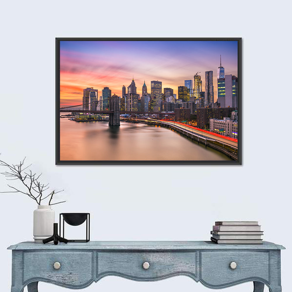 Brooklyn Bridge Light Trails Over Lower Manhattan Wall Art