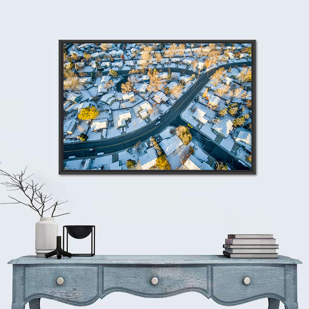 Snowy Fort Collins Neighborhood Aerial Wall Art in a room, landscape
