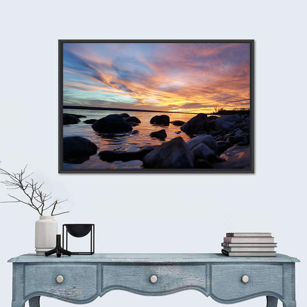 Lake Sakakawea Sunset Wall Art in a room, landscape