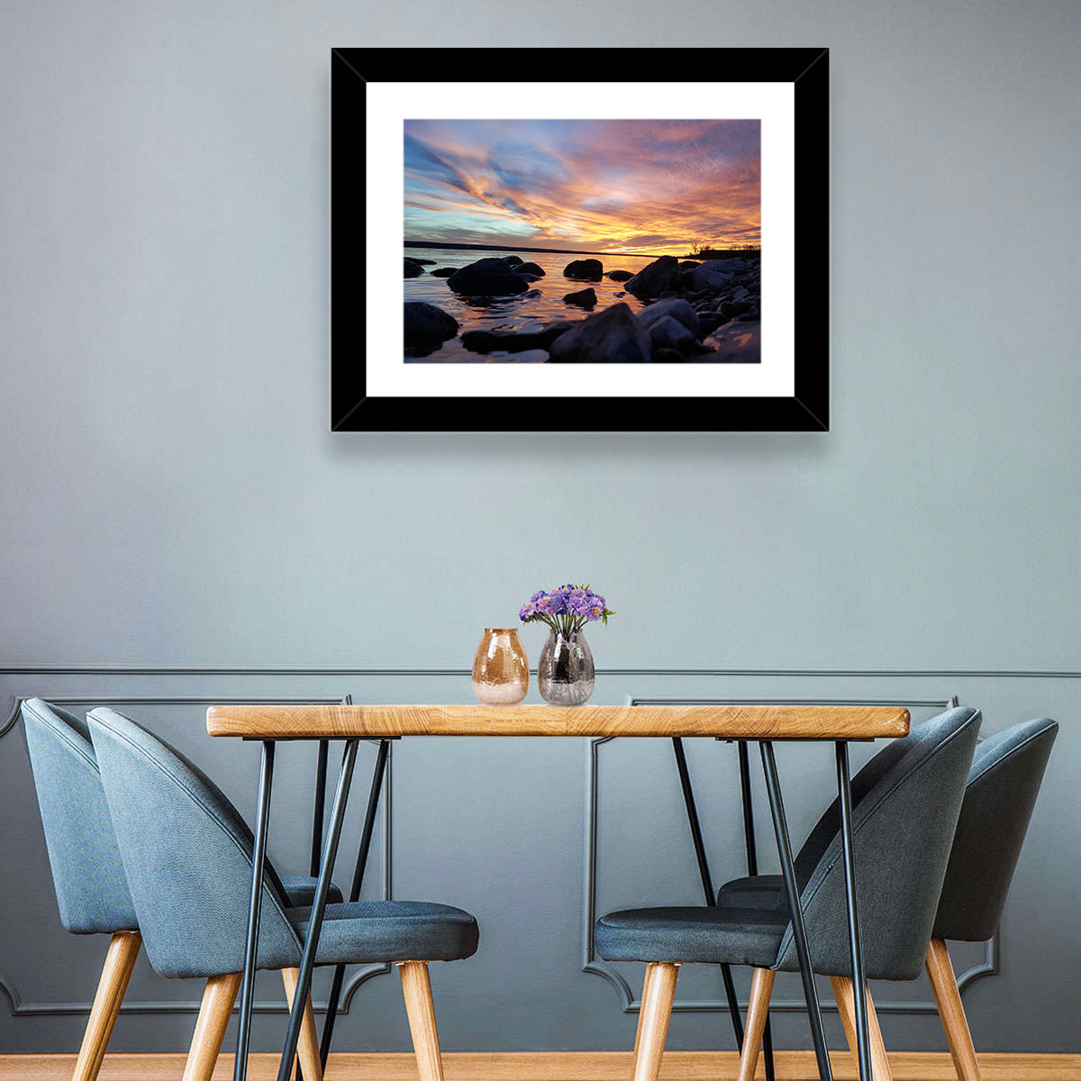 Lake Sakakawea Sunset Wall Art in a room, landscape