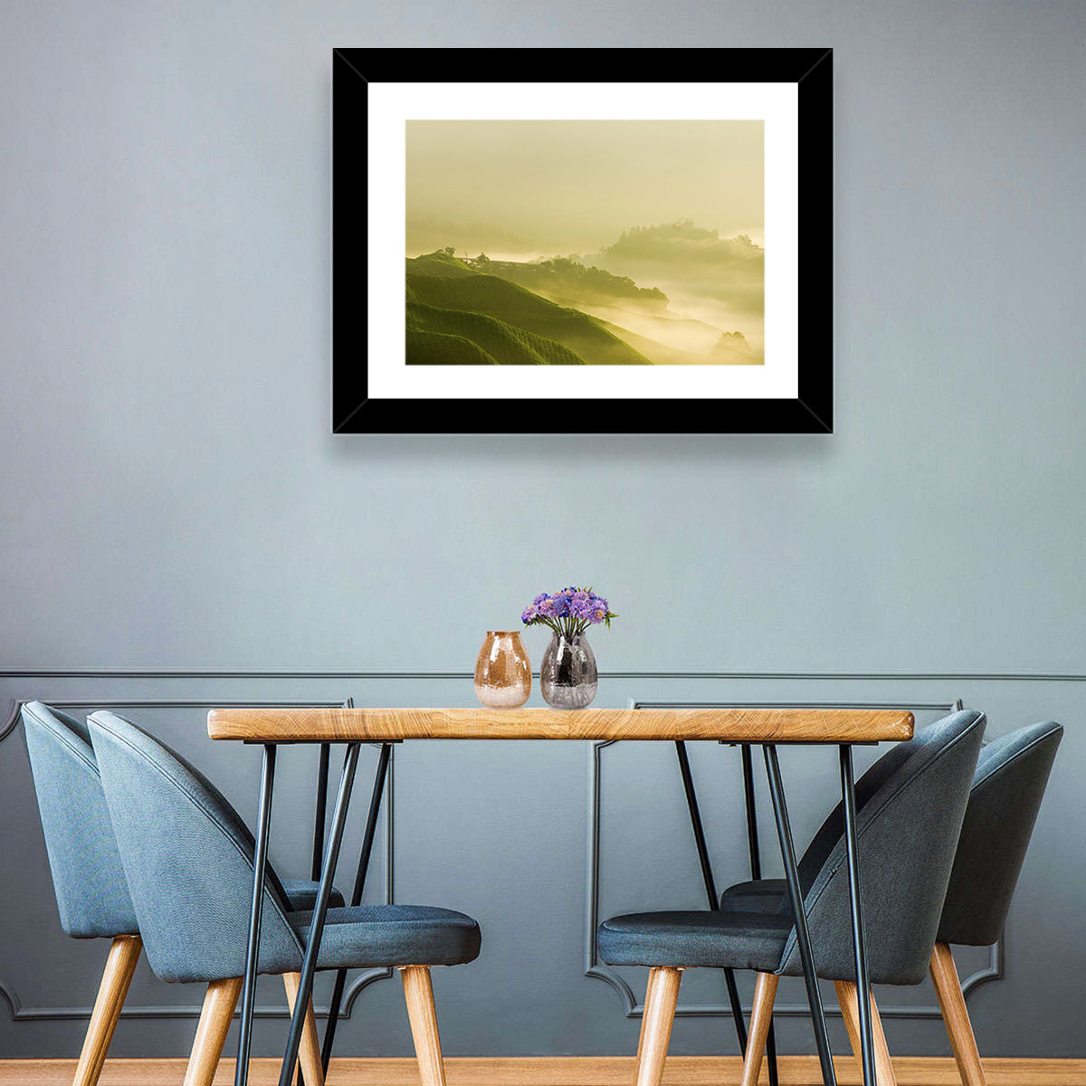 Tea Plantation Morning Mist Wall Art in a room, landscape