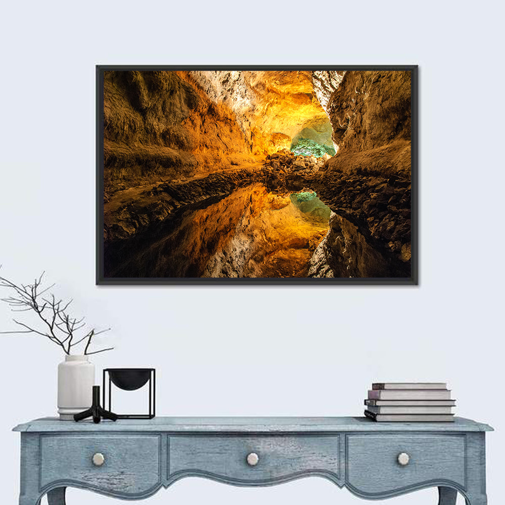 Cave Lake Reflection Wall Art in a room, landscape