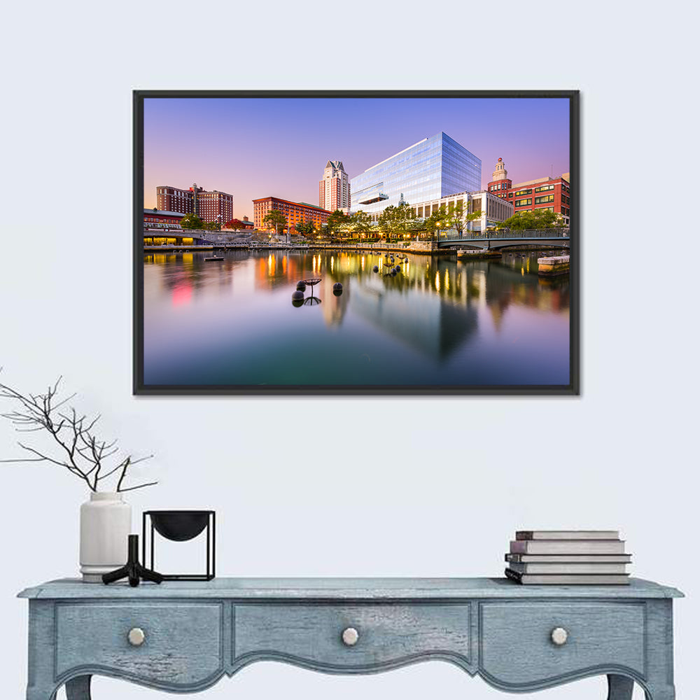 Providence River Skyline at Twilight Wall Art in a room, landscape