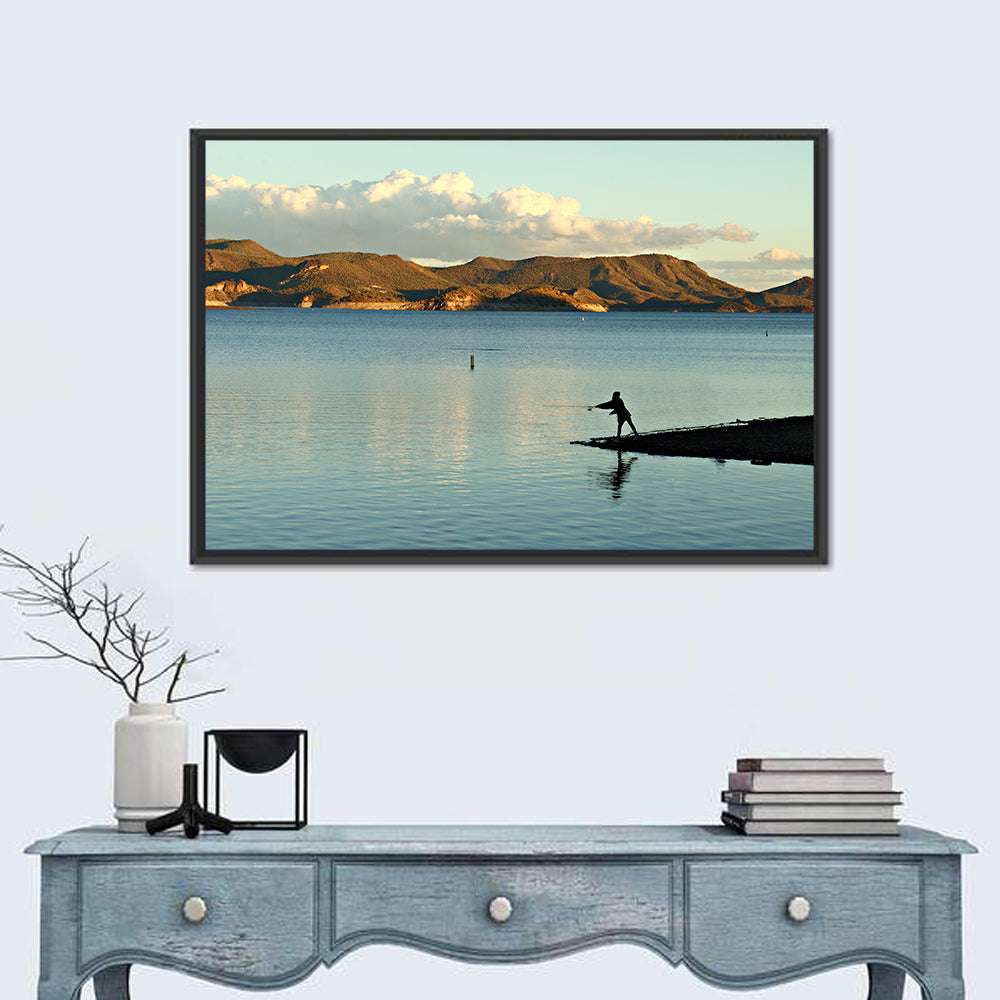 Lake Pleasant Fisherman Silhouette Wall Art in a room, landscape