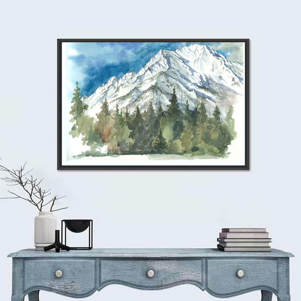 Snowy Mountain Watercolor Wall Art in a room, landscape