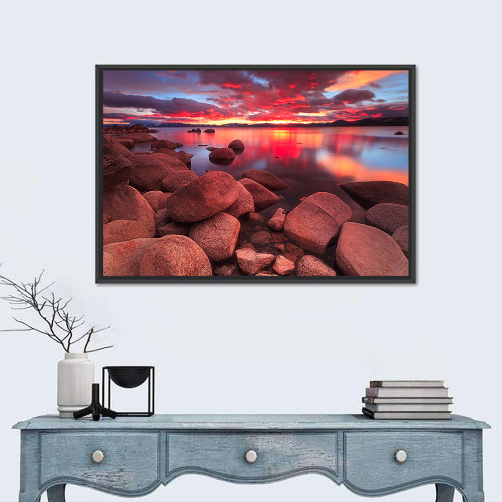 Lake Tahoe Sunset Reflection Wall Art in a room, landscape
