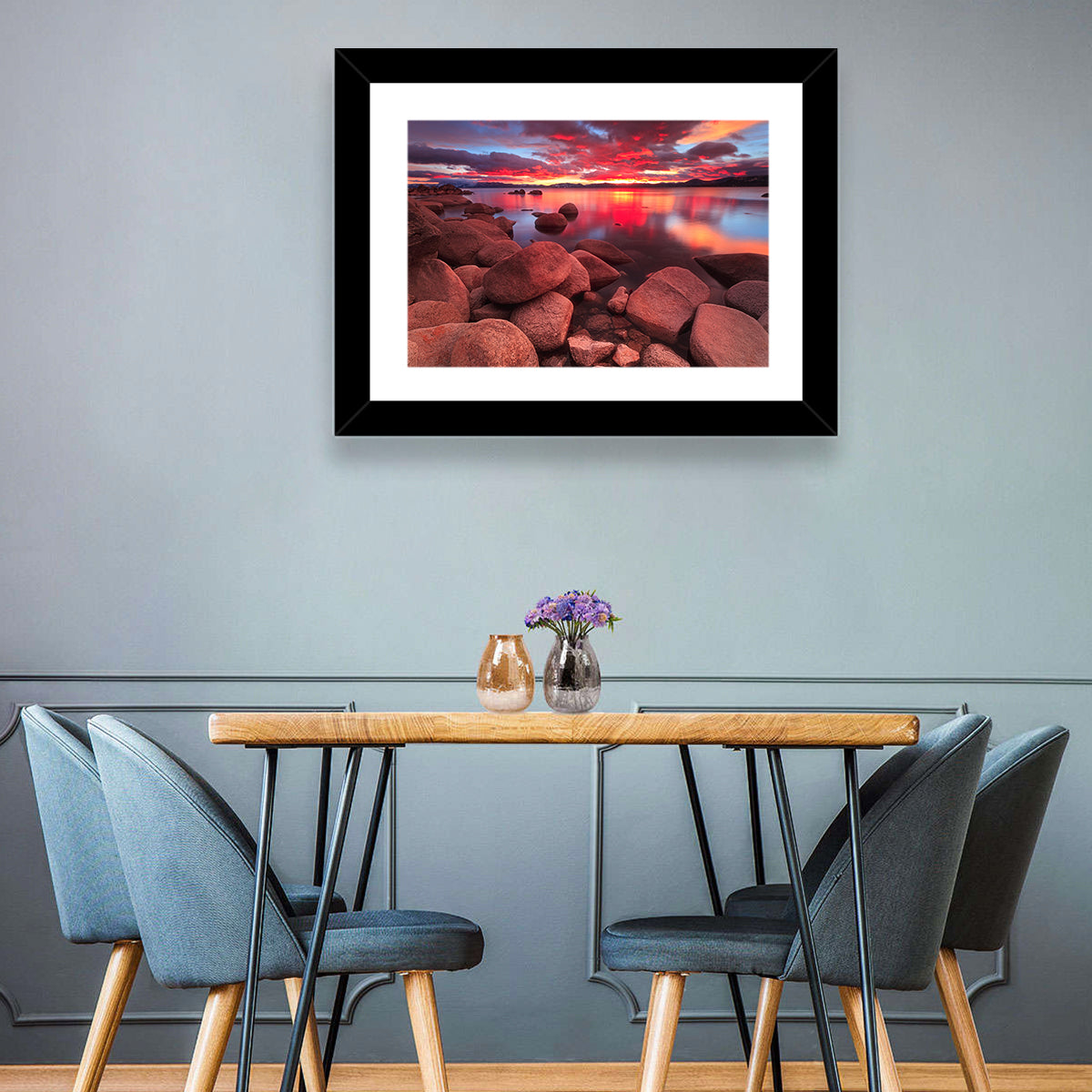 Lake Tahoe Sunset Reflection Wall Art in a room, landscape