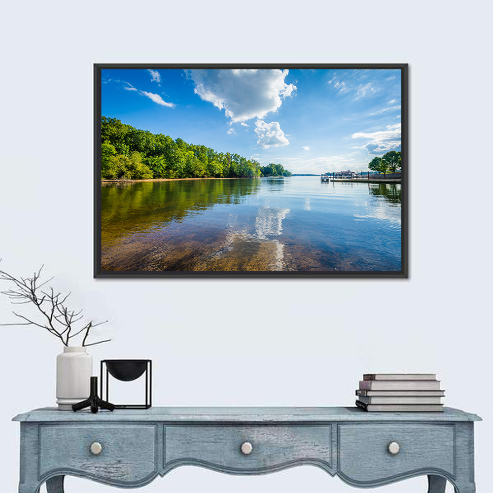 Lake Norman Dockside Reflection Wall Art in a room, landscape