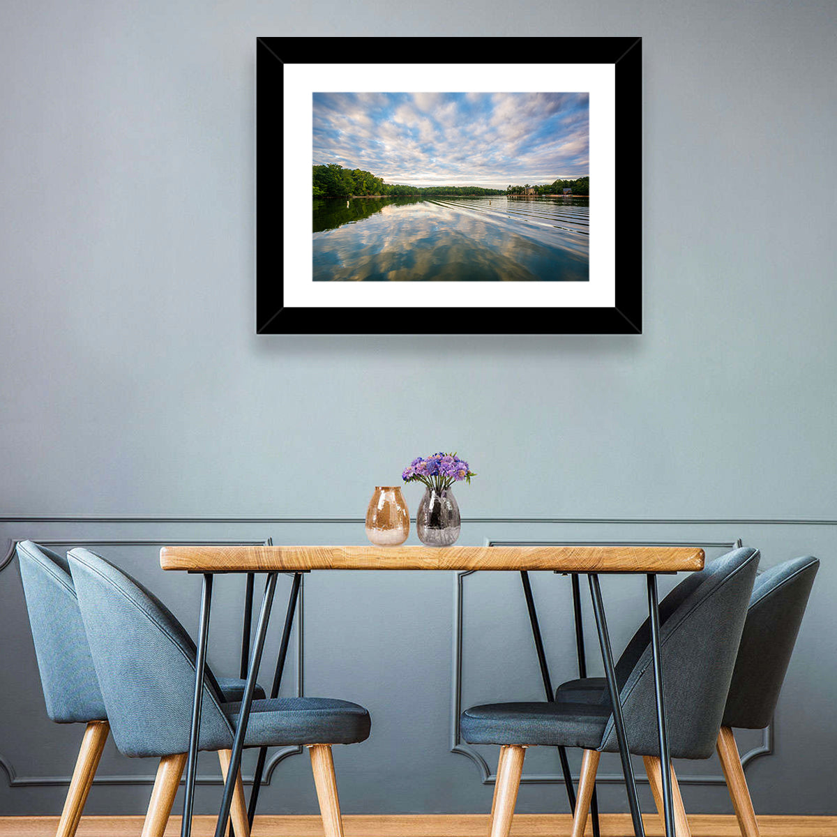 Cloudy Lake Norman Landscape Wall Art in a room, landscape
