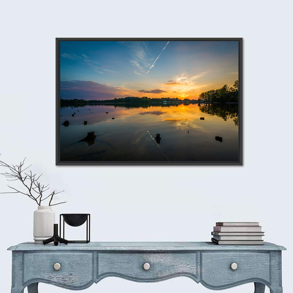 Lake Norman Sunset Reflection Wall Art in a room, landscape