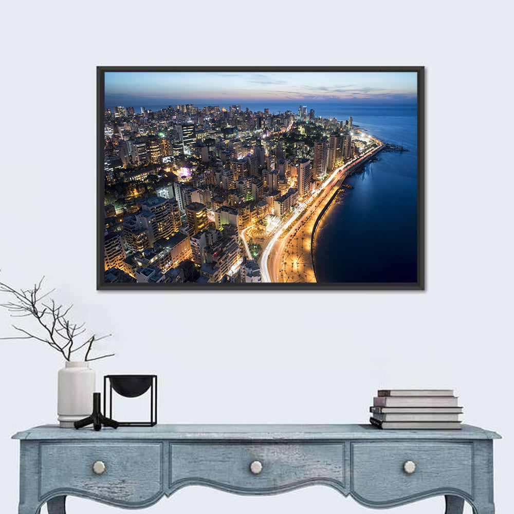Beirut Corniche at Dusk Wall Art in a room, landscape