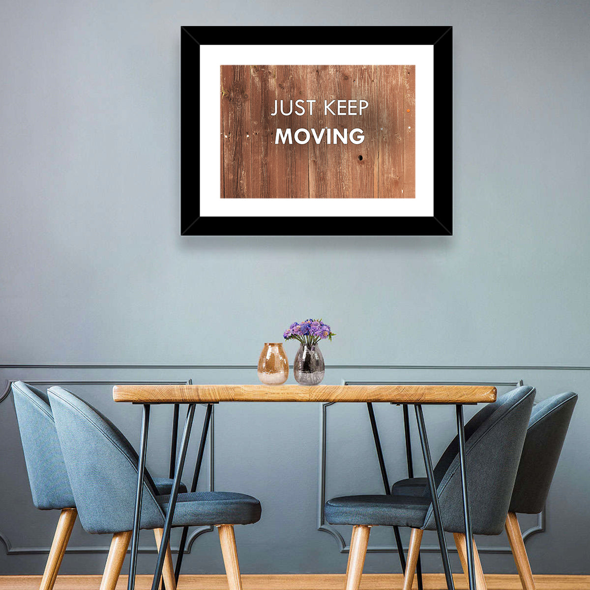 Just Keep Moving Rustic Quote Wall Art in a room, landscape