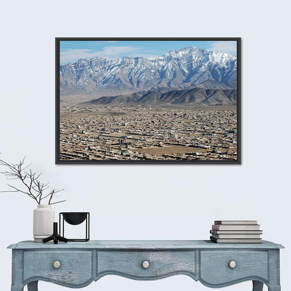 Kabul from Above with Snow-capped Mountains Wall Art in a room, landscape