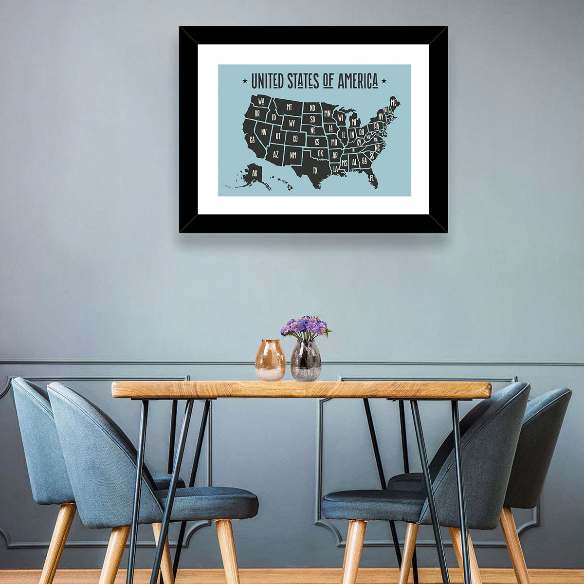 Minimalist USA Map with State Abbreviations Wall Art