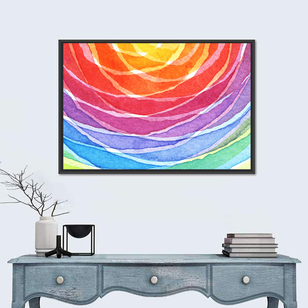 Radiant Rainbow Watercolor Arcs Wall Art in a room, landscape