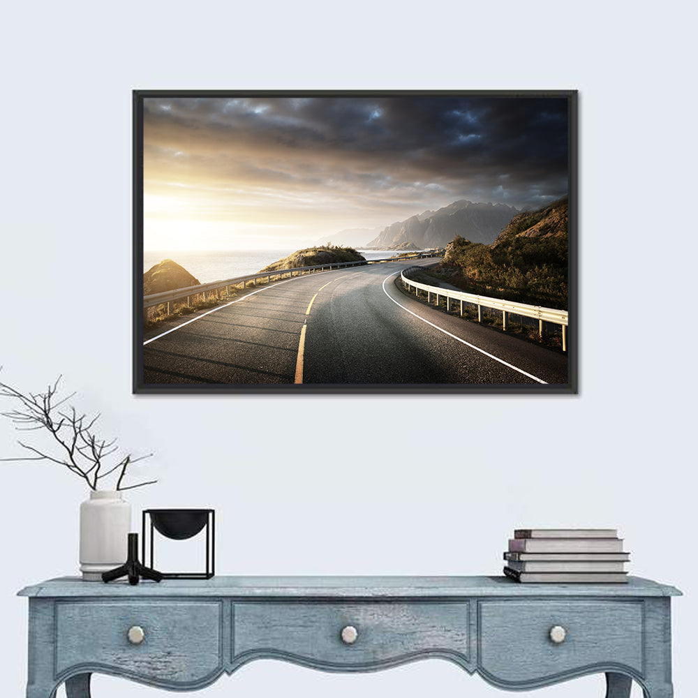 Golden Sunrise Coastal Road Wall Art in a room, landscape