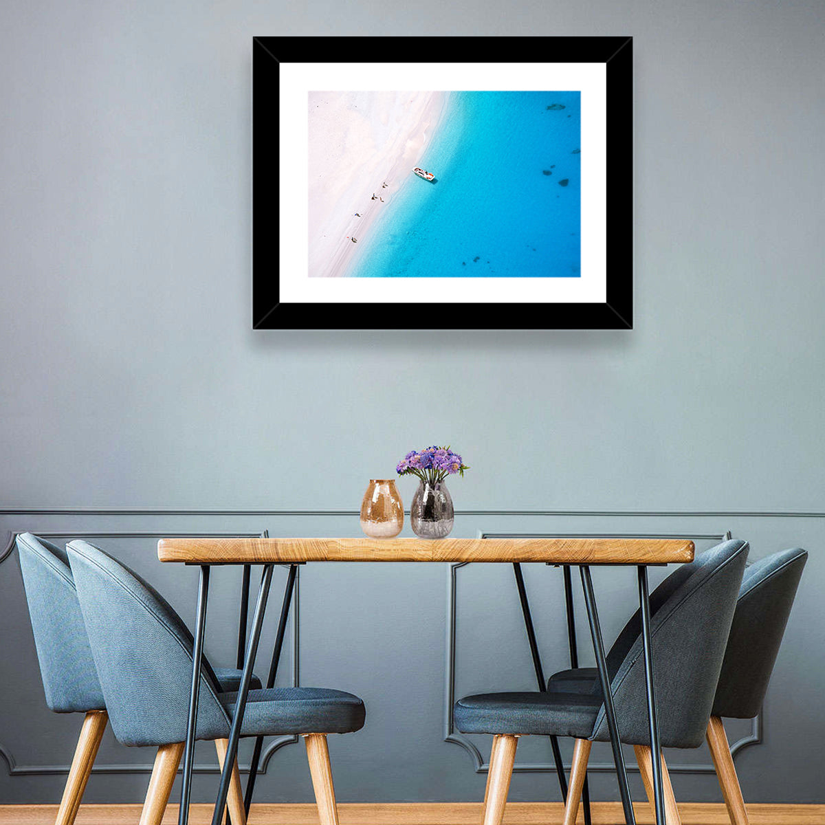 Aerial Beach Bay with White Boat Wall Art in a room, landscape