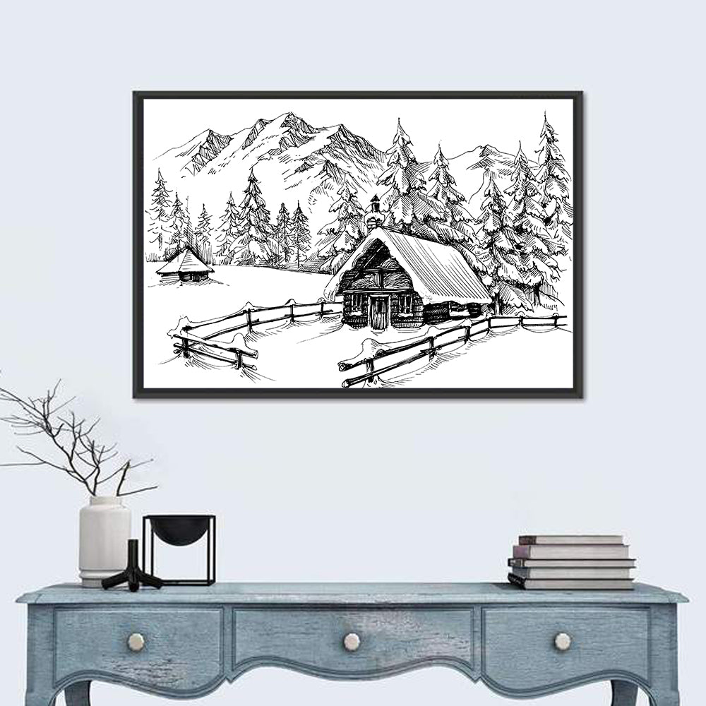 Snow-covered Mountain Cabin Wall Art