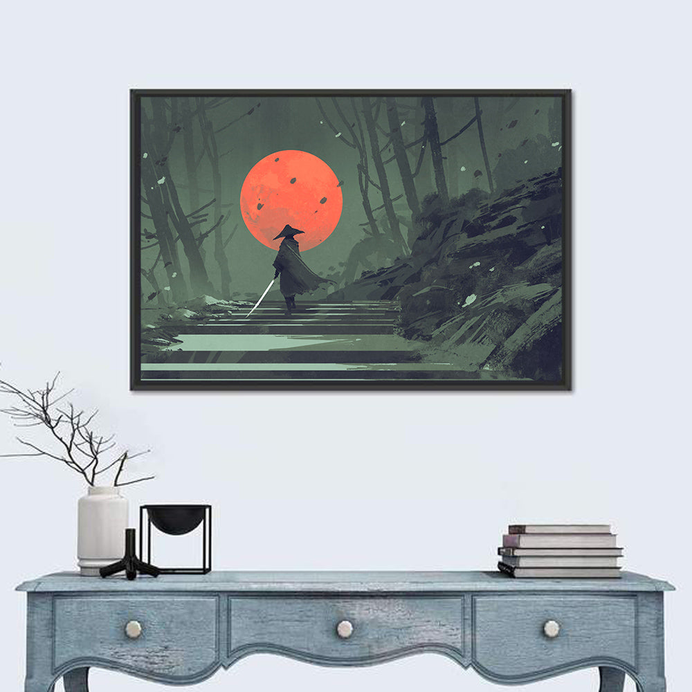 Samurai Under Red Moon Wall Art in a room, landscape