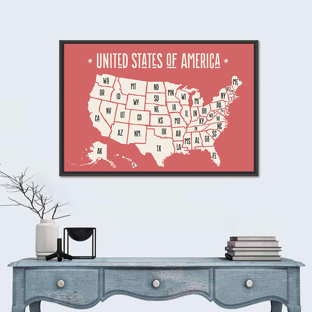 United States Map with State Abbreviations Wall Art in a room, landscape