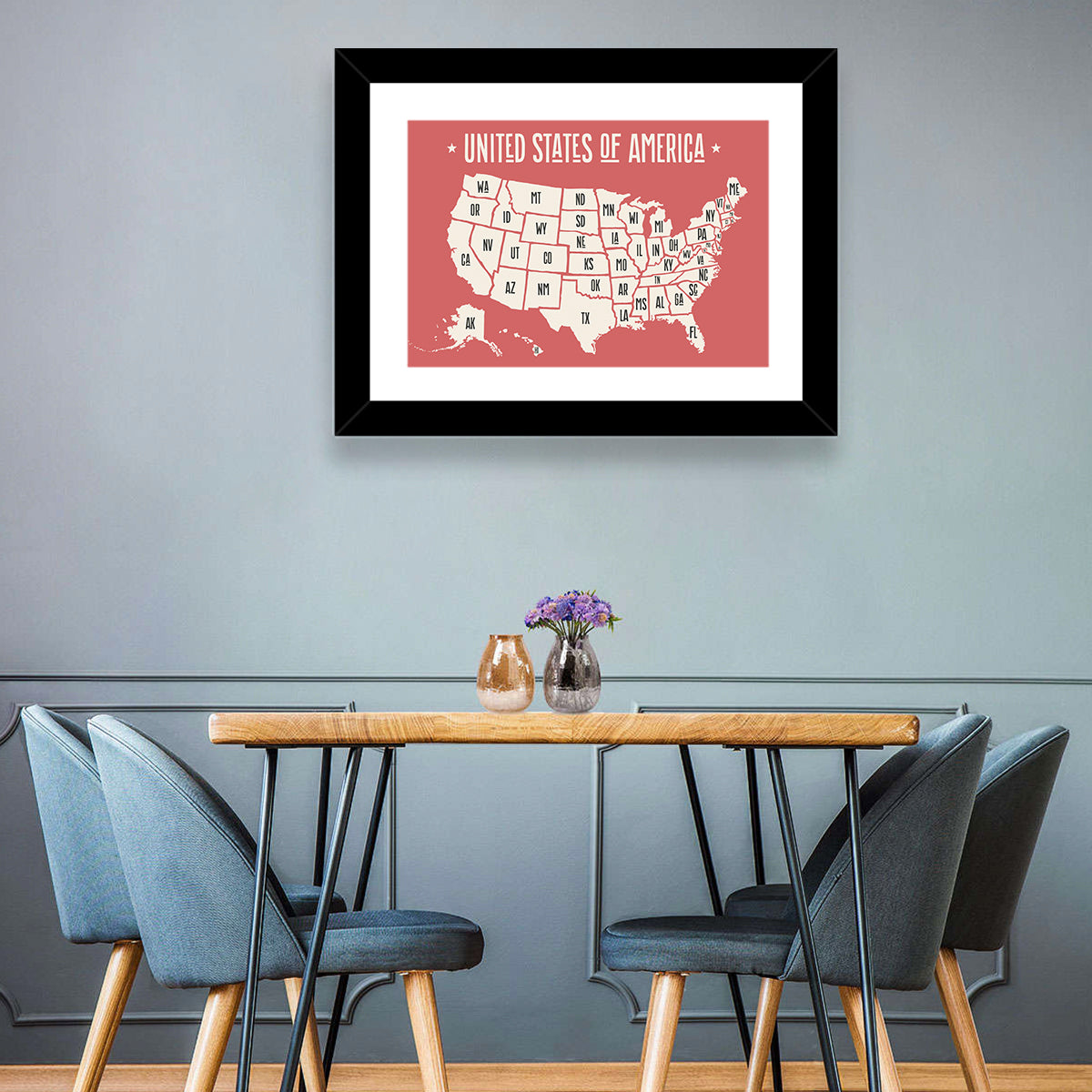 United States Map with State Abbreviations Wall Art in a room, landscape