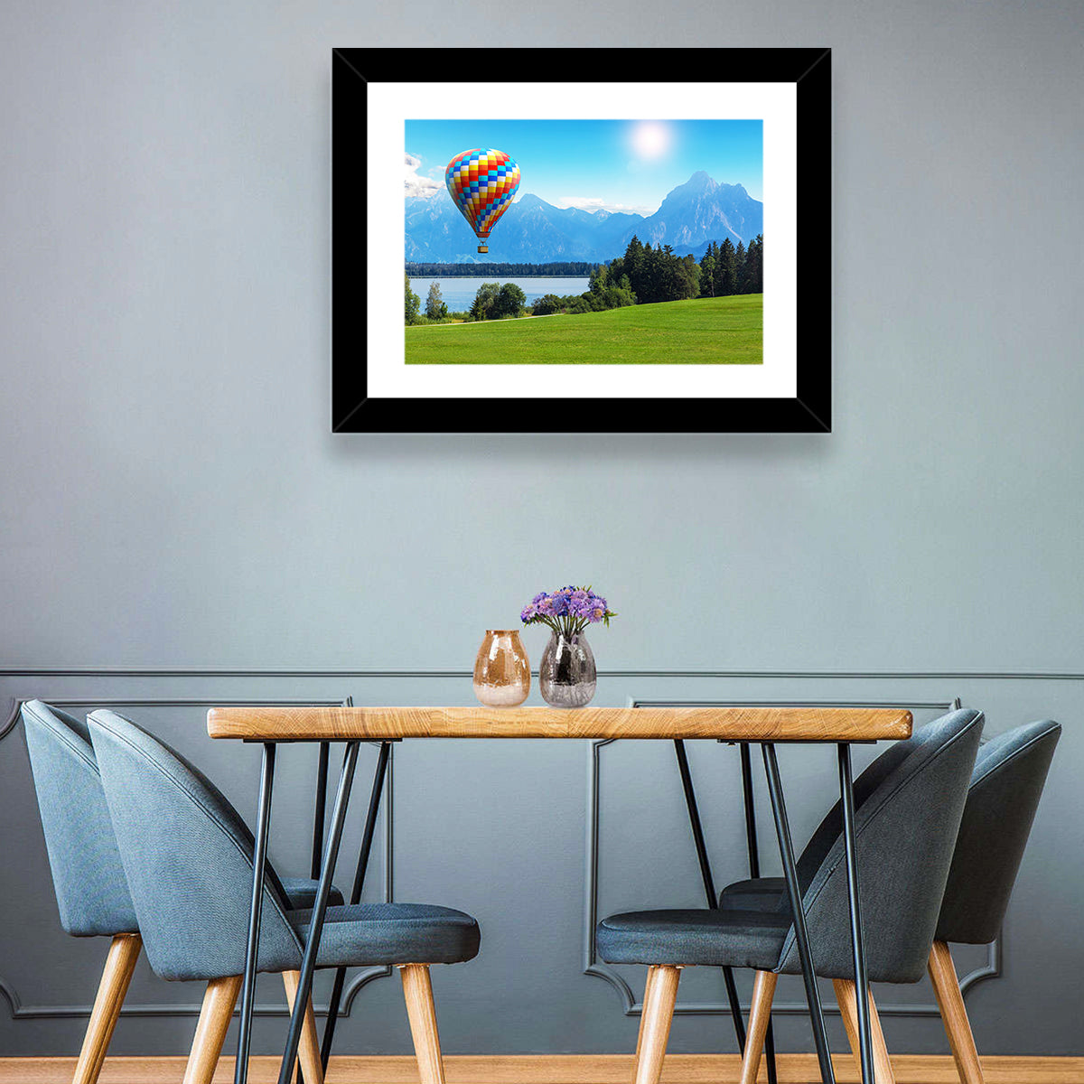 Bavarian Lake with Hot Air Balloon Wall Art in a room, landscape