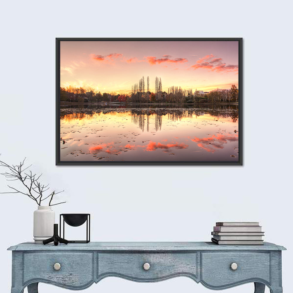 Lake Burley Griffin Sunset Reflection Wall Art in a room, landscape