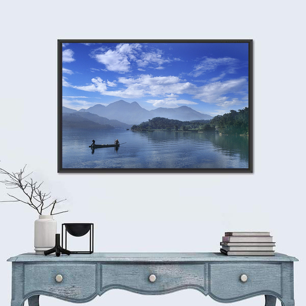 Sun Moon Lake Morning Mist Wall Art in a room, landscape