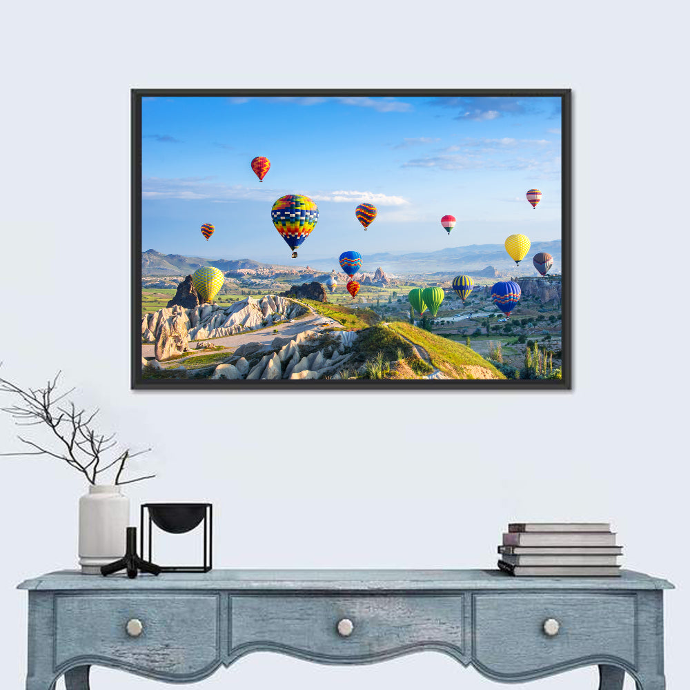 Cappadocia Hot Air Balloons Over Rock Valleys Wall Art in a room, landscape