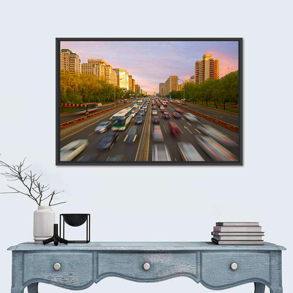 Beijing Sunset Traffic Streaks Wall Art in a room, landscape