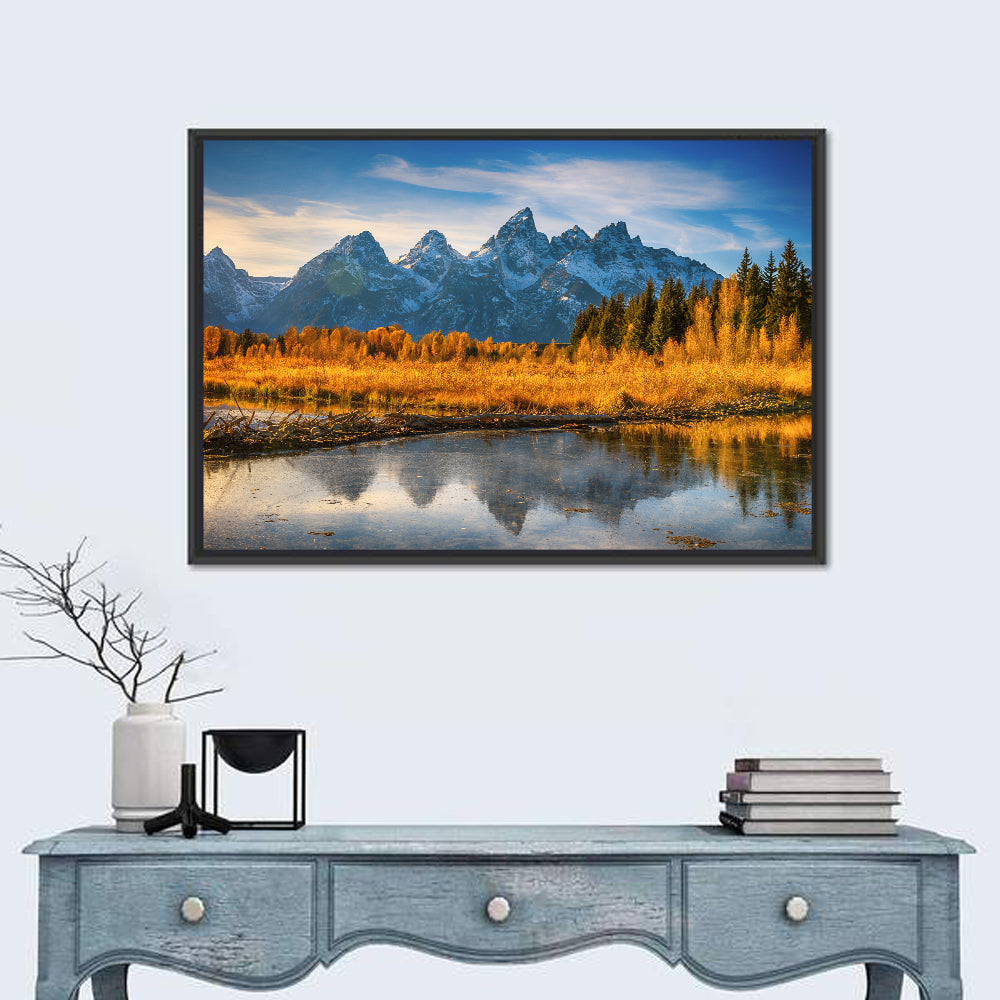 Grand Tetons Golden Reflection Wall Art in a room, landscape