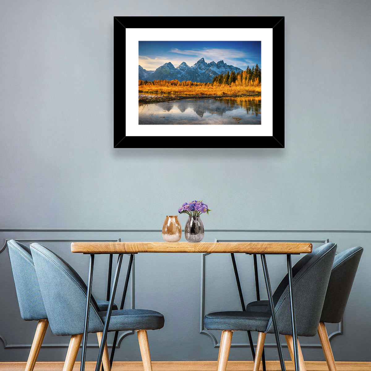 Grand Tetons Golden Reflection Wall Art in a room, landscape