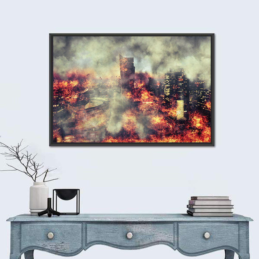 Warsaw Spire Burning City Abstract Wall Art in a room, landscape
