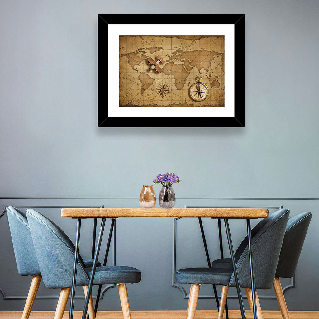 Retro Map with Biplane and Compass Wall Art
