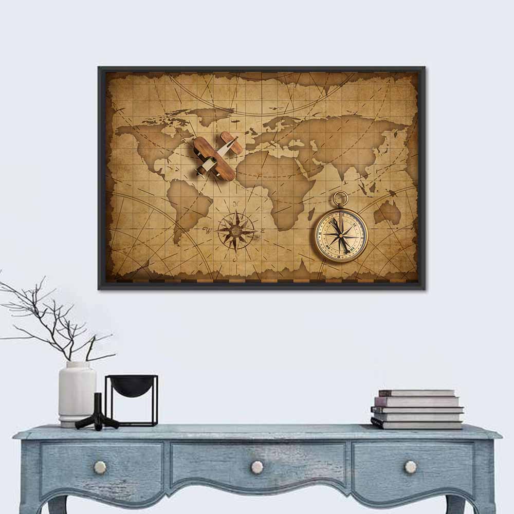 Retro Map with Biplane and Compass Wall Art in a room, landscape
