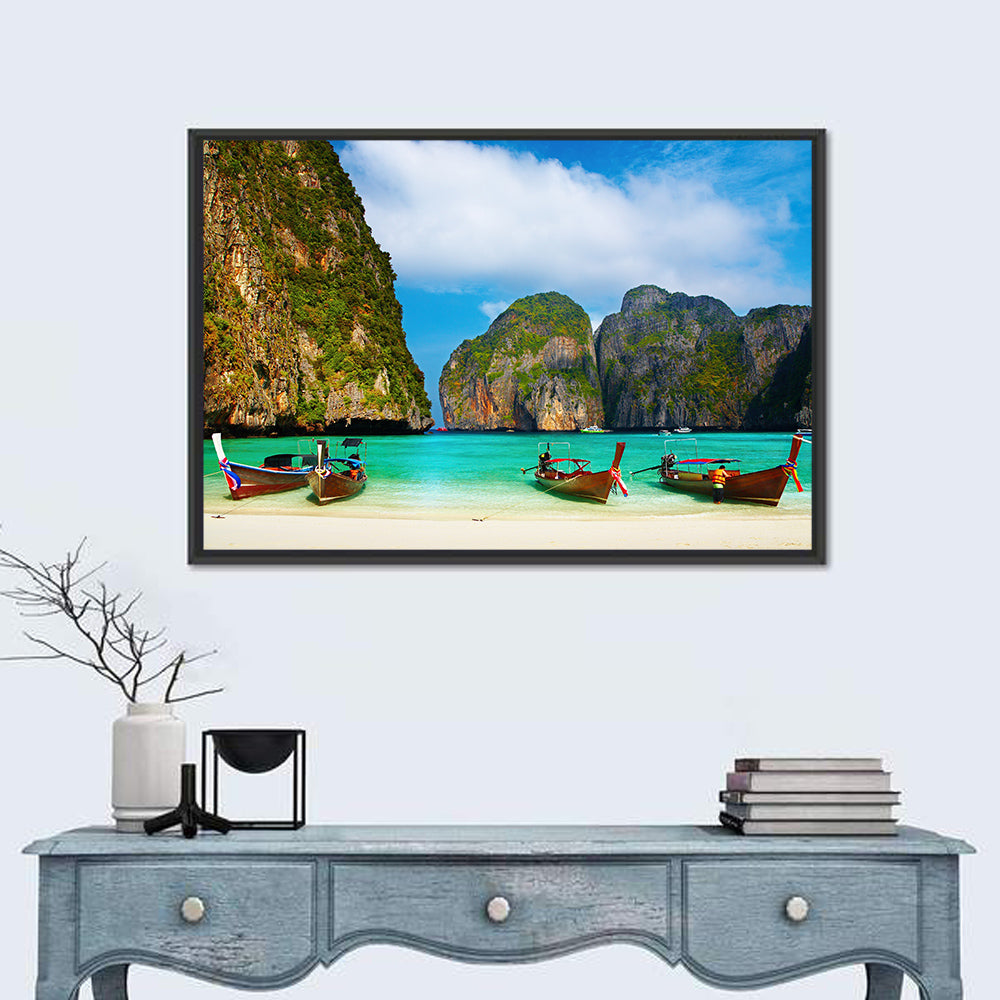 Maya Bay Long-tail Boats Wall Art in a room, landscape