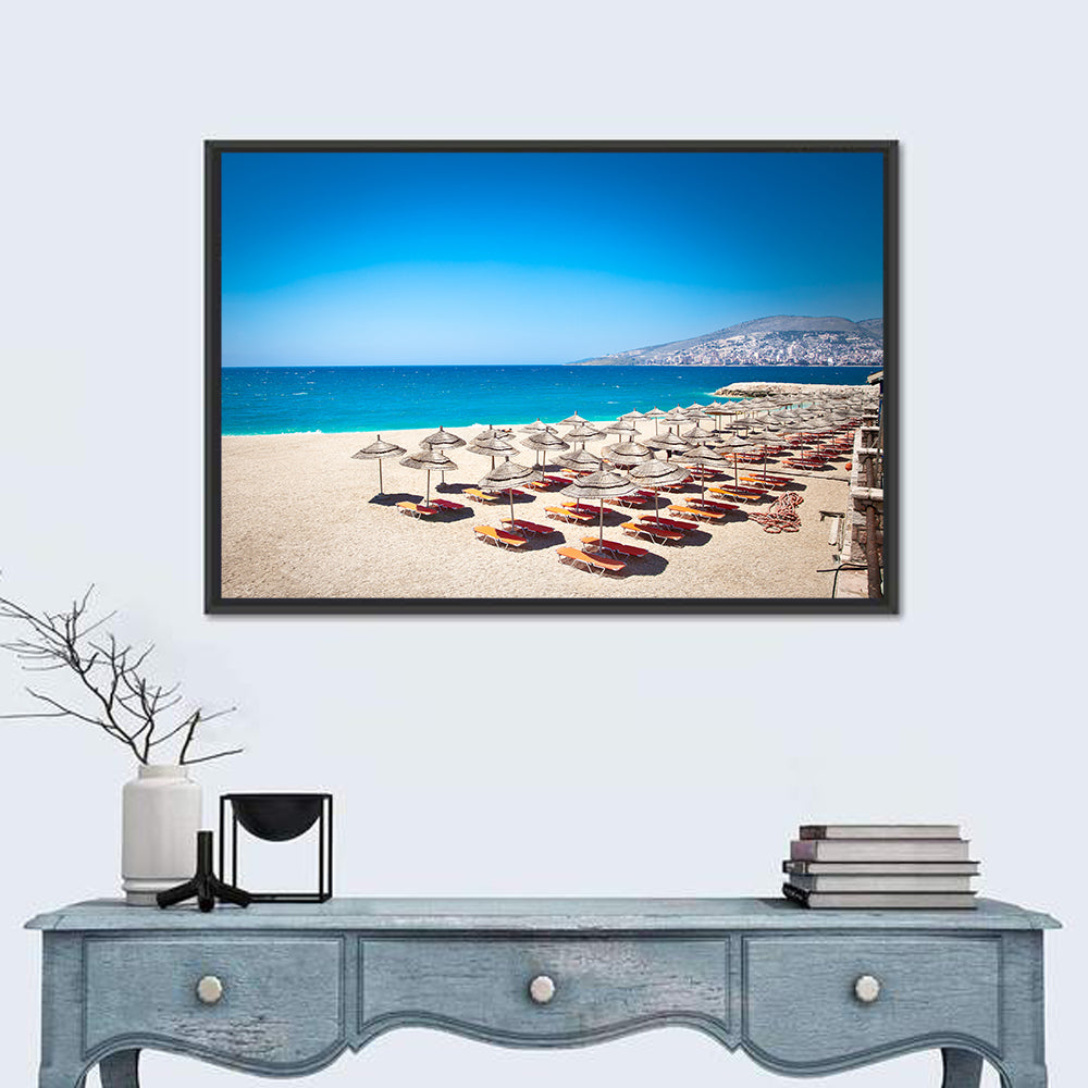 Mango Beach Umbrellas Wall Art in a room, landscape
