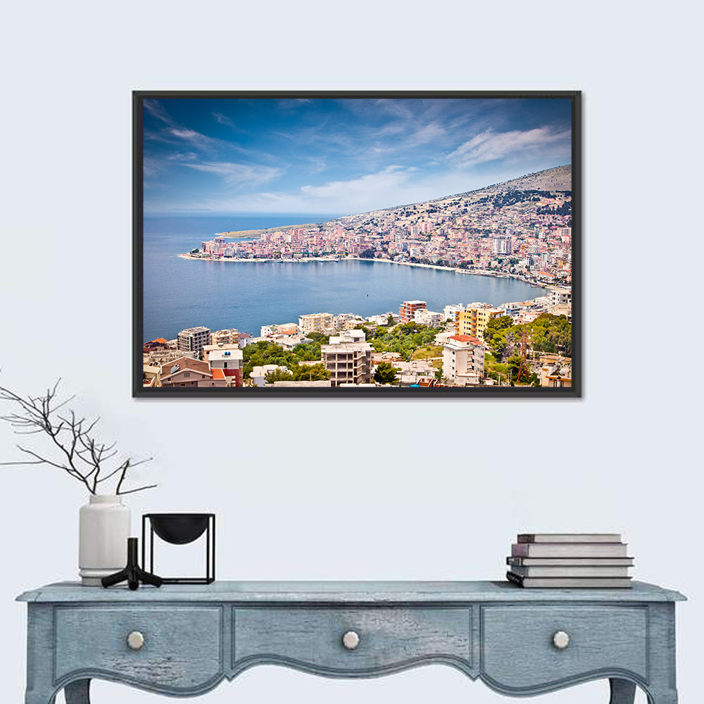 Saranda Bay Cityscape Wall Art in a room, landscape