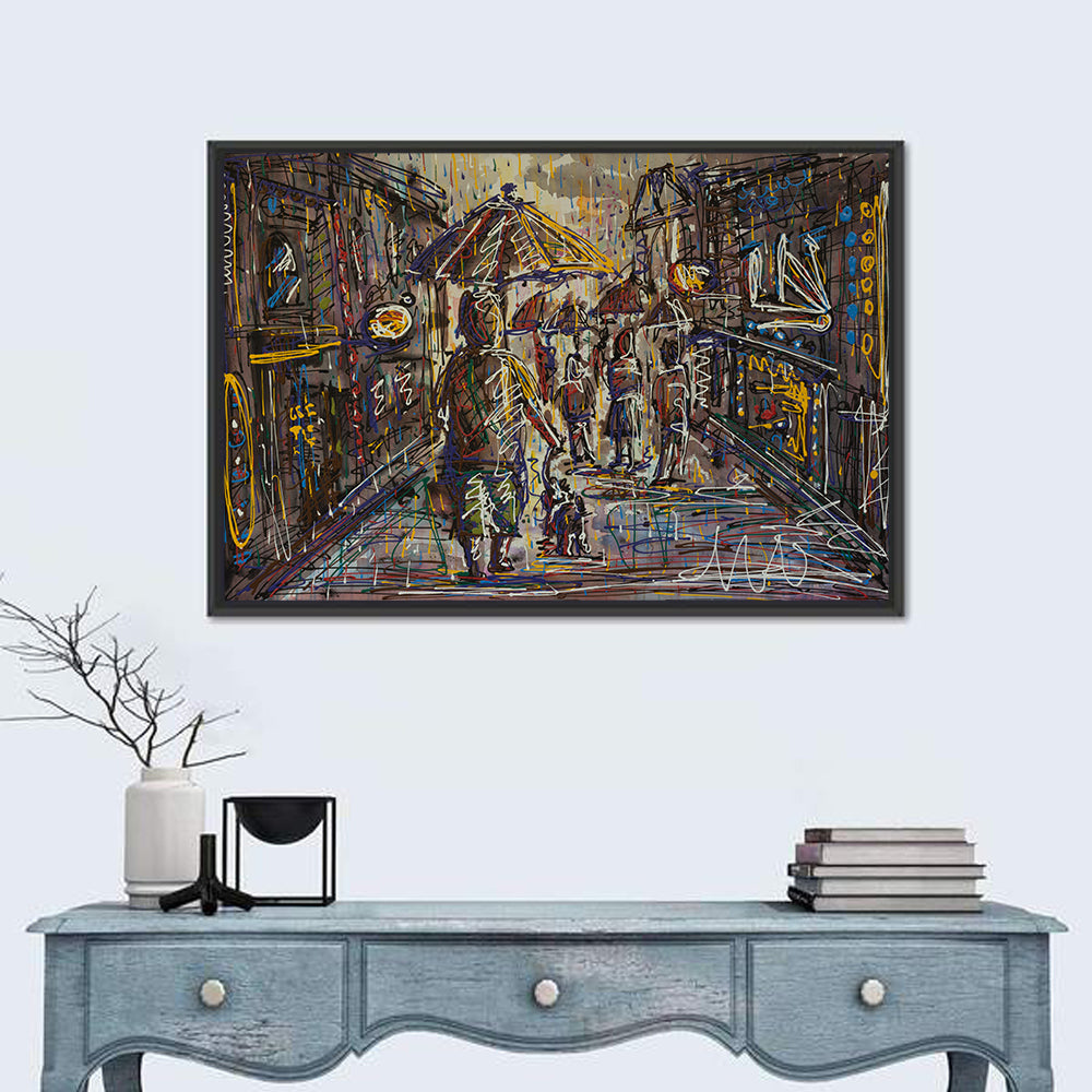 Rainy City Street Wall Art in a room, landscape