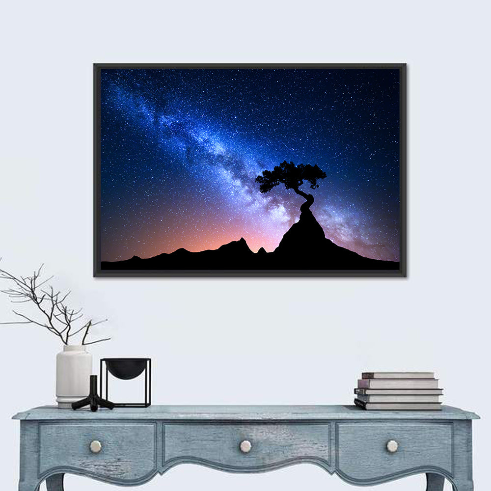 Milky Way Over Mountain Ridge Wall Art in a room, landscape