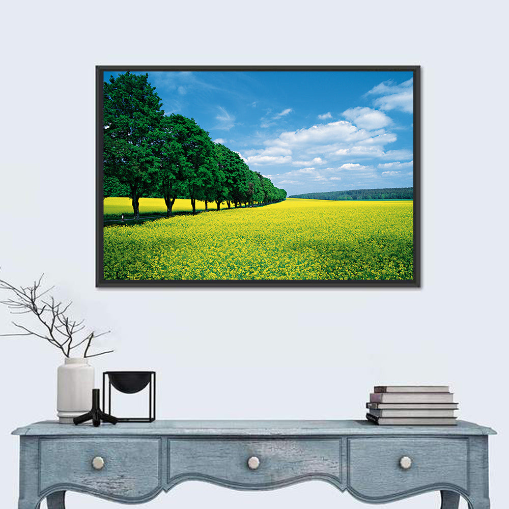 Spring Field of Yellow Flowers Wall Art in a room, landscape