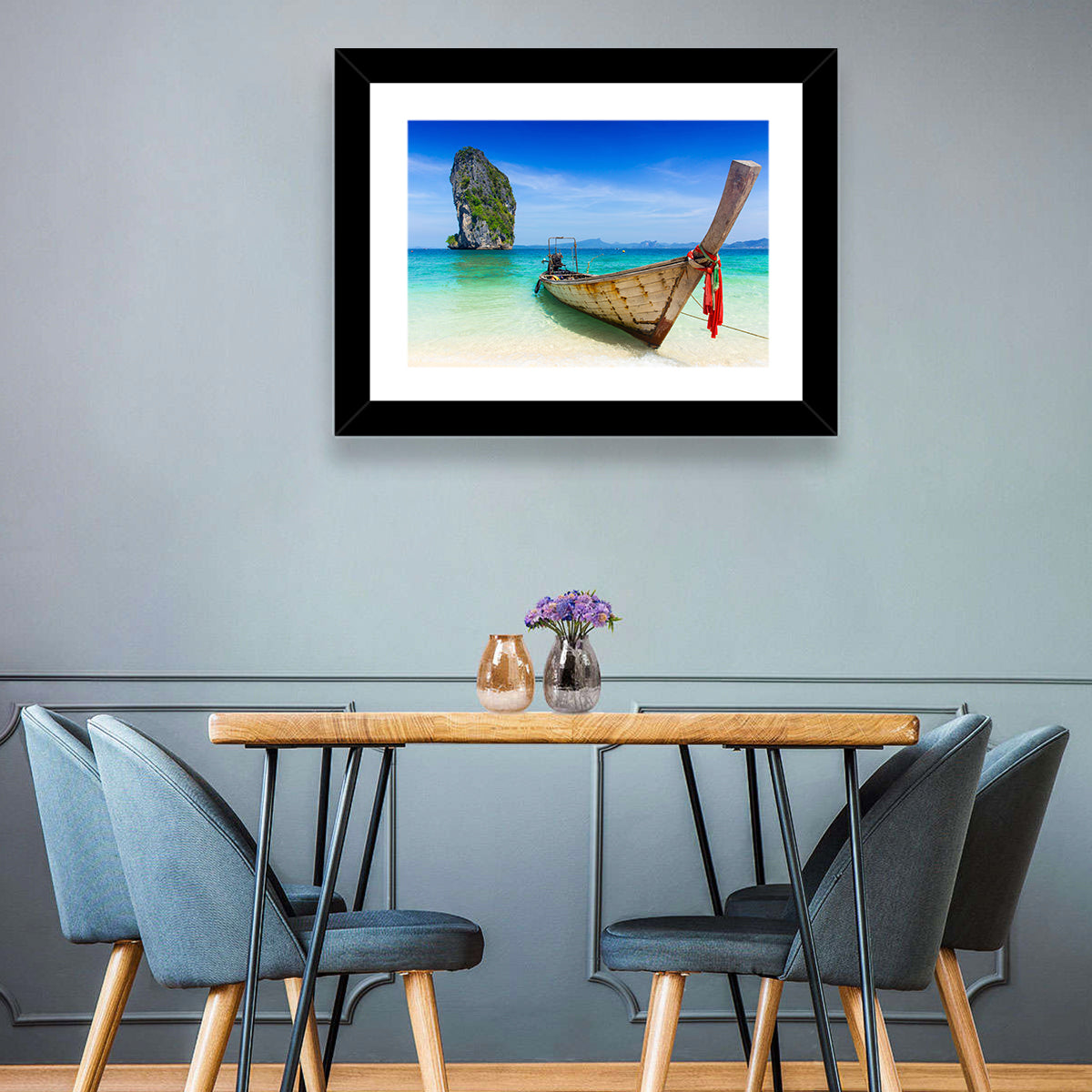 Krabi Longtail Boat Seascape Wall Art in a room, landscape