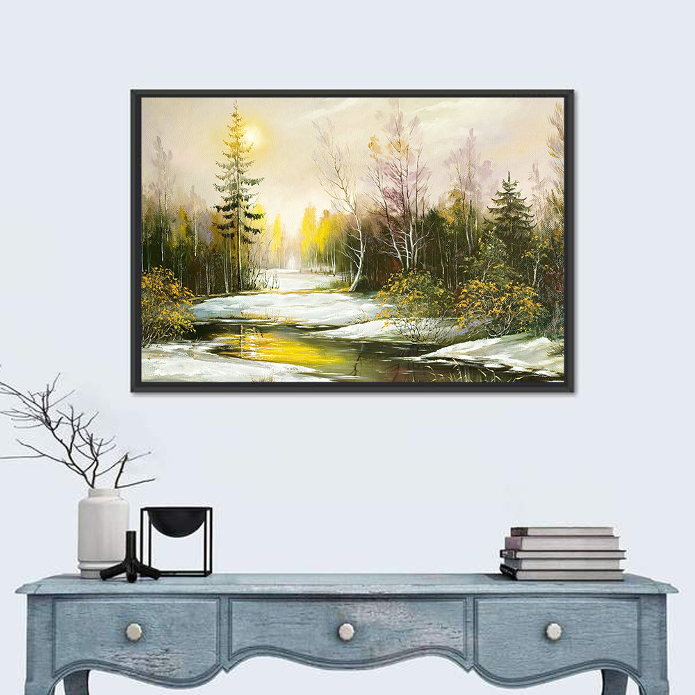 Sunlit Winter River Landscape Wall Art