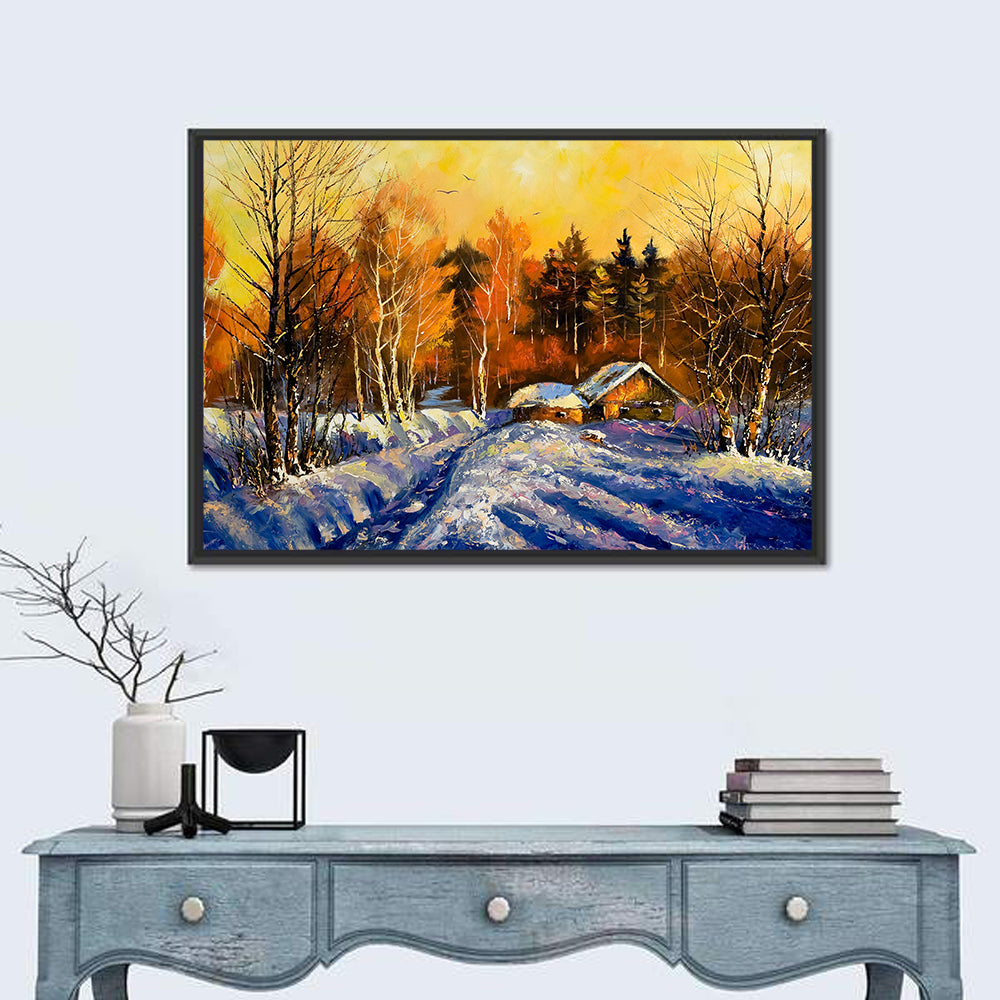 Winter Cottage Sunset Wall Art in a room, landscape