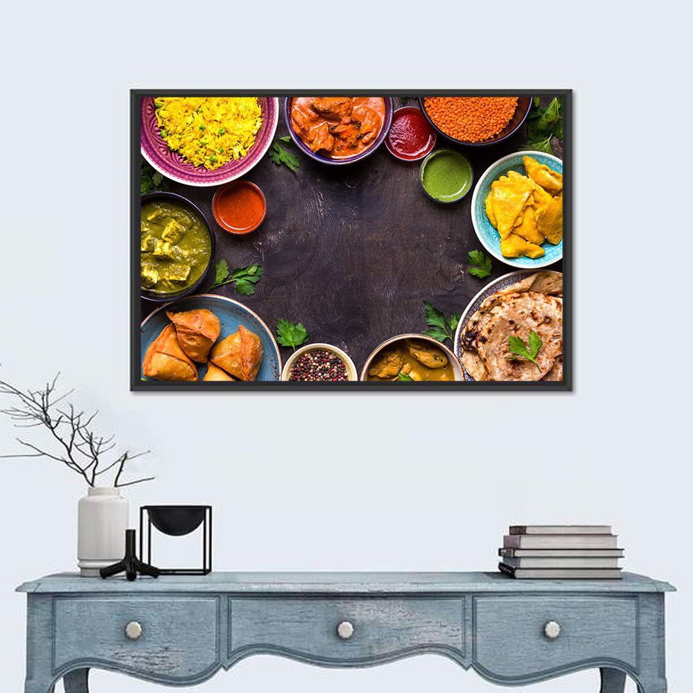 Indian Feast Flat-lay Wall Art in a room, landscape