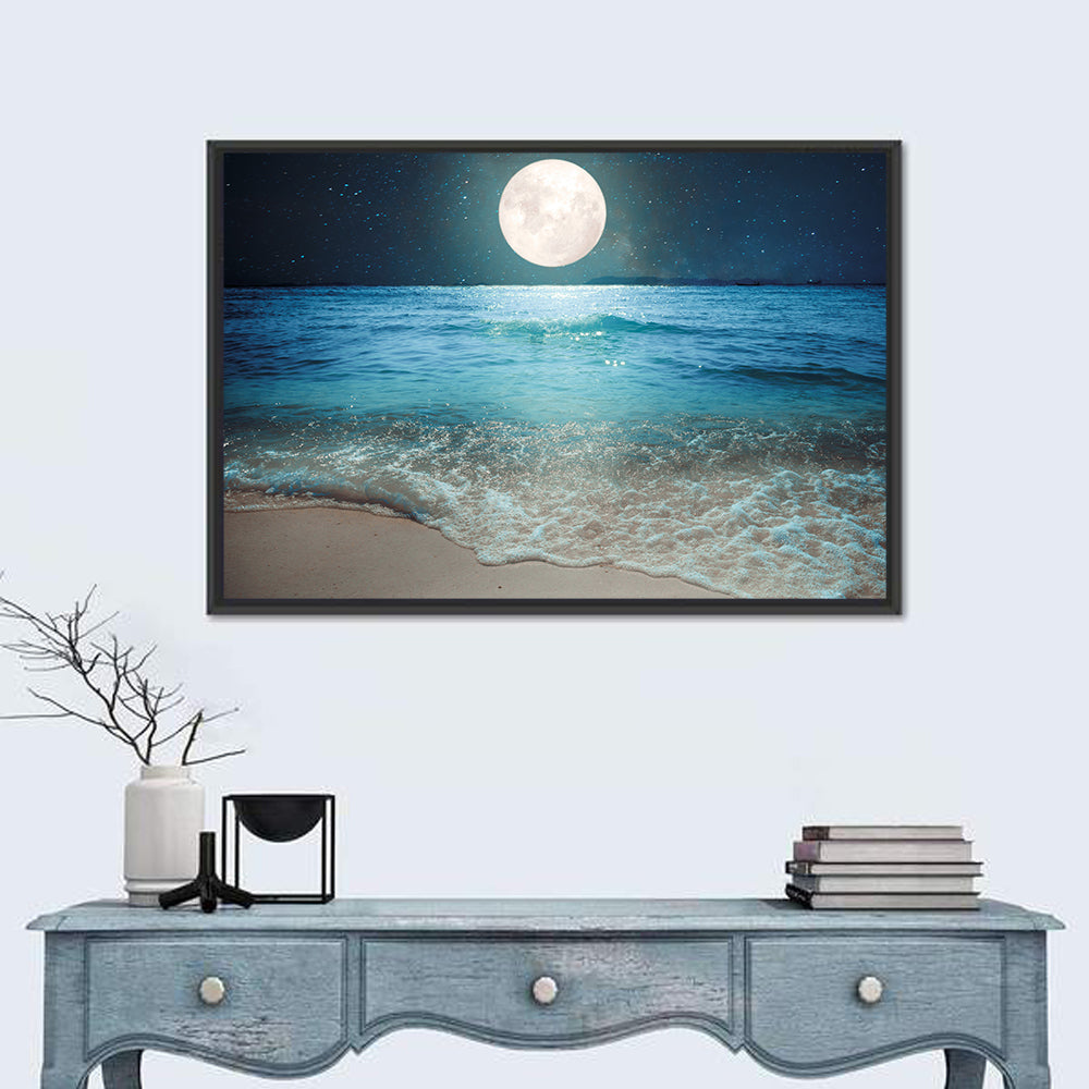 Full Moon Over Beach Wall Art in a room, landscape