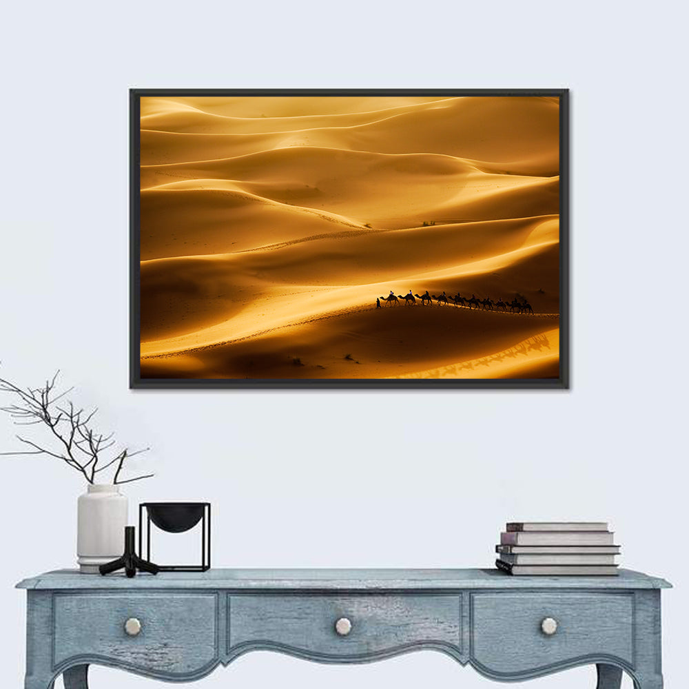 Golden Hour Camel Caravan Wall Art in a room, landscape