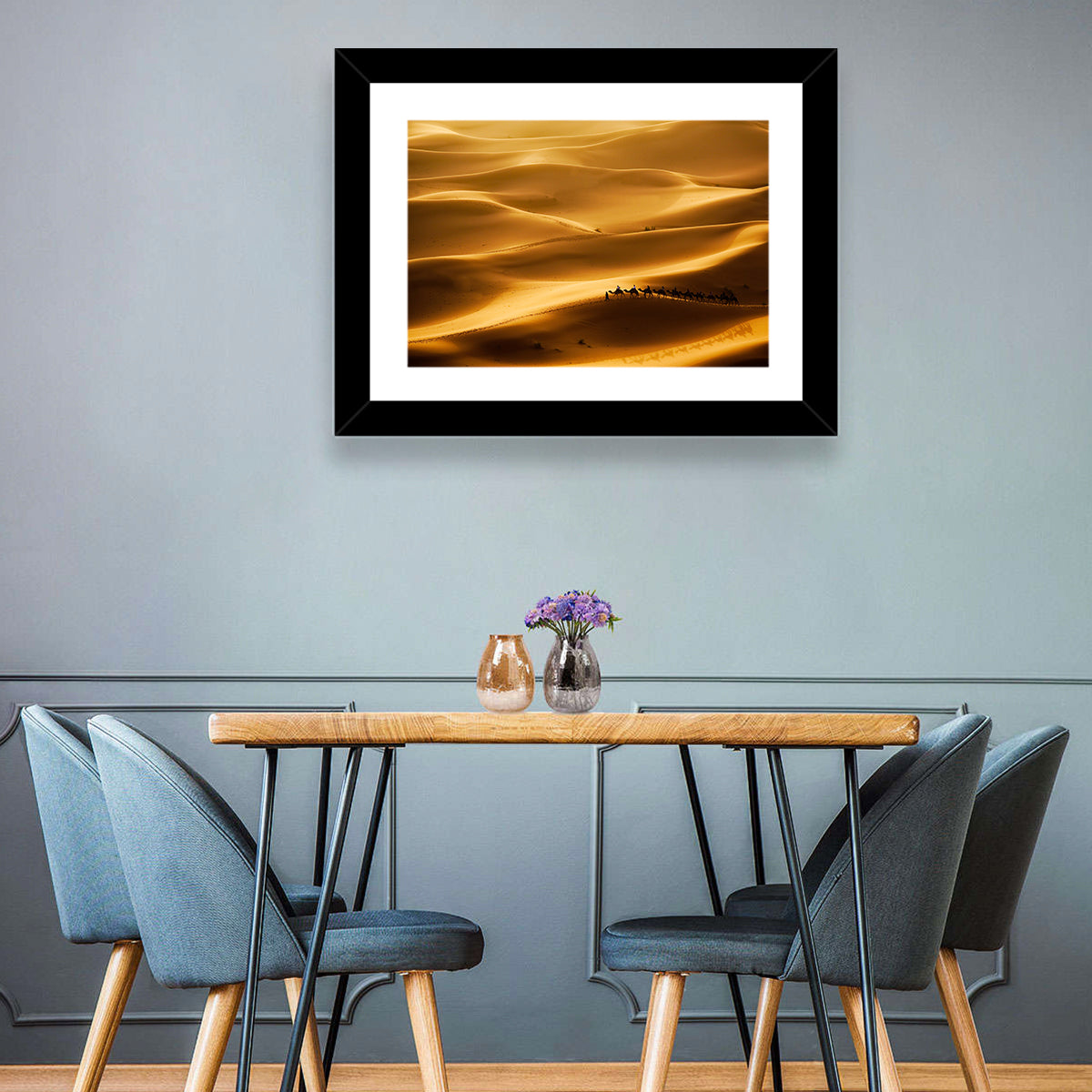 Golden Hour Camel Caravan Wall Art in a room, landscape