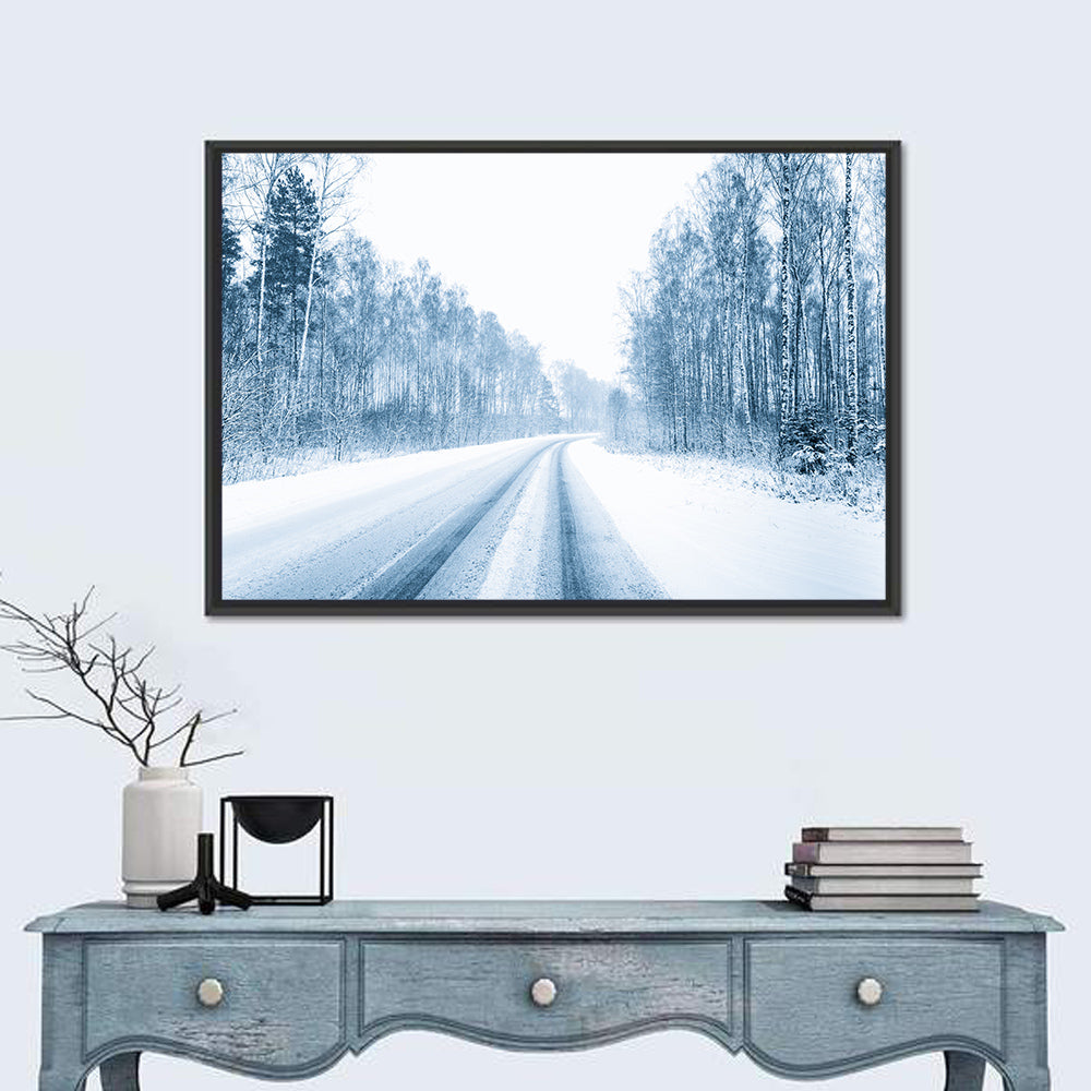 Tire Tracks on Snowy Road Wall Art