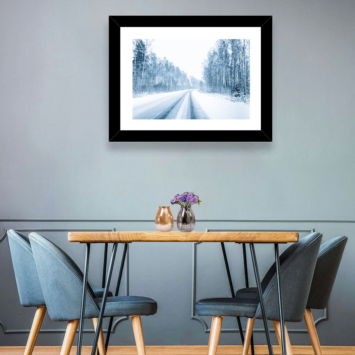 Tire Tracks on Snowy Road Wall Art in a room, landscape
